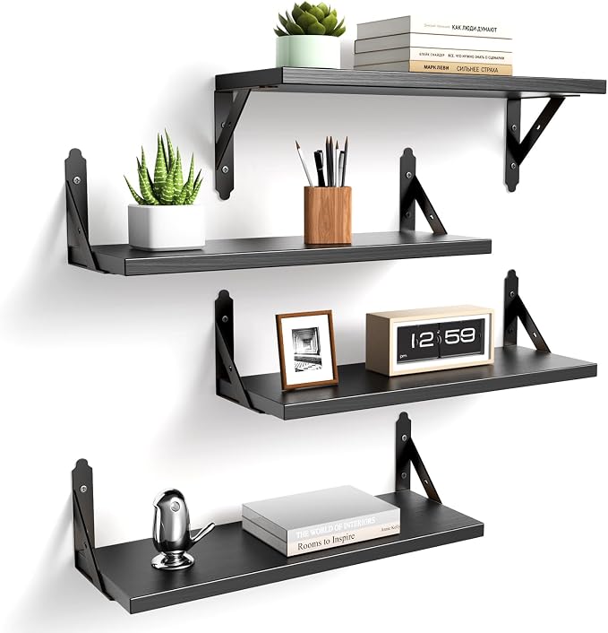 ROMGUAR CRAFT Wood Floating Shelves Set of 4, Rustic Storage Decor Wall Shelves, Wall Mounted Shelf for Living Room, Bedroom 17" x 6", Black by ROMGUAR+CRAFT