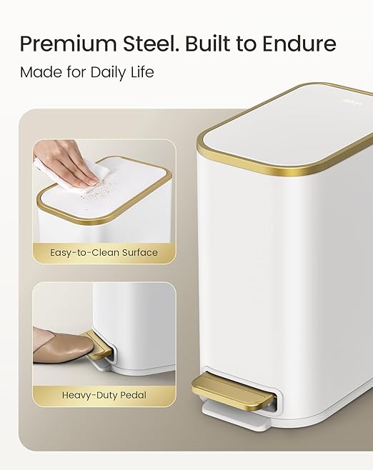 Cesun Small Bathroom Trash Can with Lid Soft Close, 5 Liter/1.3 Gallon Stainless Steel Garbage Can with Removable Inner Bucket, Step Pedal, Slim Waste Basket for Toilet, Office, Bedroom (White&Gold) - Image 4