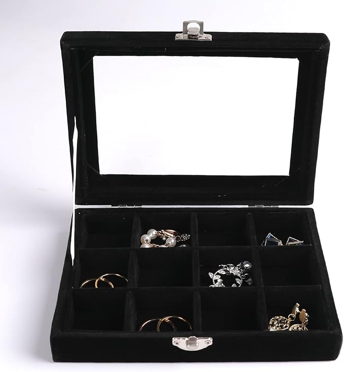 Frebeauty Jewelry Organizer Tray with Clear Lid,12 Grid Velvet Drawer Insert Jewelry Box with Transparent lid Jewelry Display Case Store Showcase Jewelry Box Gift for Women(Black,12 Grid) - Image 2