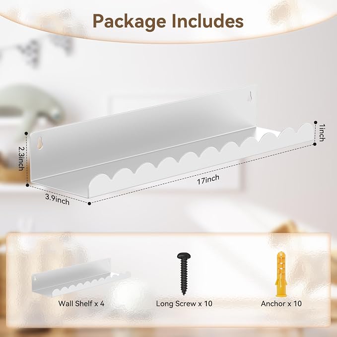 Nursery Book Shelves, 17 Inch Metal Floating Shelves for Wall 4 Pack, Scalloped Shelves, Wall Mounted Book Shelf for Kids Bedroom, Baby Room, Nursery Decor (White) - Image 2