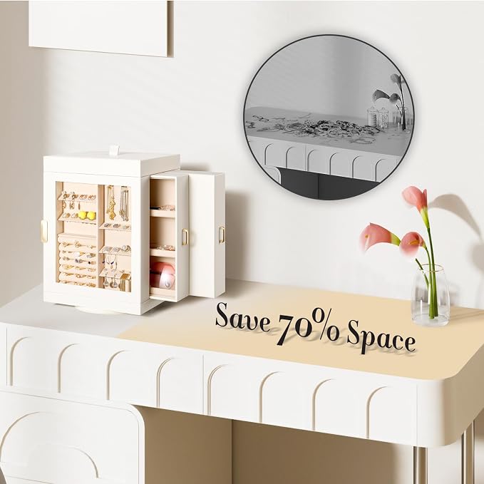 TidyStash 360° Rotating Jewelry Organizers and Storage, Large Jewelry Boxes for Women Necklace, Ring Earring Storage, Vertical Accessory Organizers and Storage, Cream White - Image 6