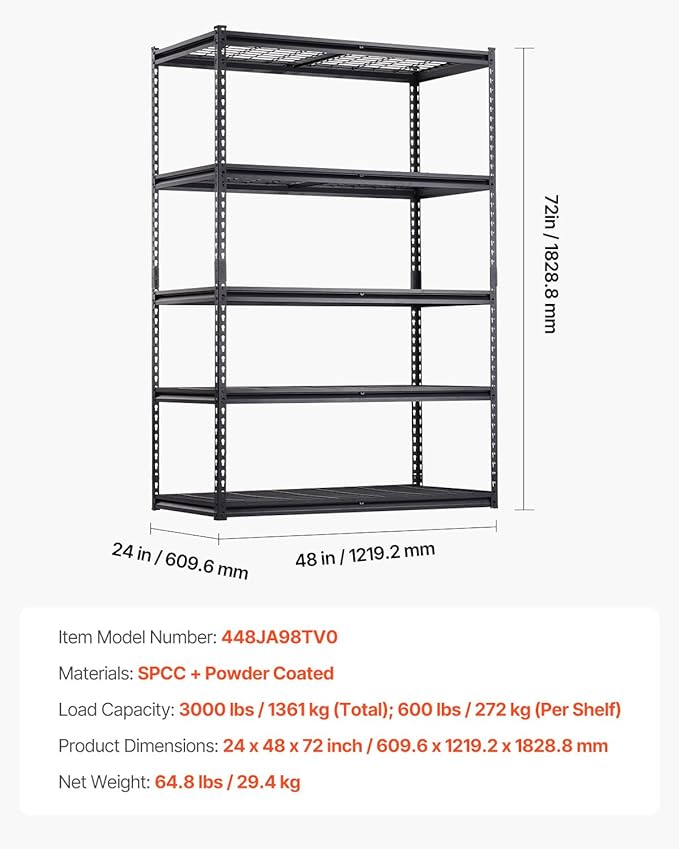 VEVOR Storage Shelves, 3000 lbs, 5 Tier Heavy Duty Garage Shelving, 24" D x 48" W x 72" H Adjustable Metal Shelves for Industrial Shelving Unit Utility Shelf, for Kitchen, Warehouse, Basement, Black - Image 3