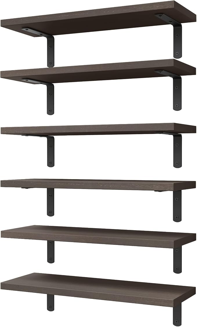 WOPITUES Wood Floating Shelves Set of 6, Shelves for Wall Decor, Farmhouse Shelf for Bedroom, Bathroom Storage Shelves, Book Shelves for Living Room, Dark Brown by WOPITUESOfficial