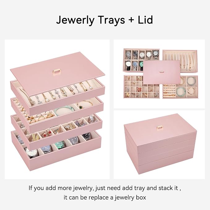 Voova Stackable Jewelry Organizer Tray with Lid, PU Leather Jewelry Storage Holder for Drawer Inserts, Jewellery Display Box Case for Earring Necklace Ring Watch Bracelet (Set of 4, Rose Gold) - Image 3