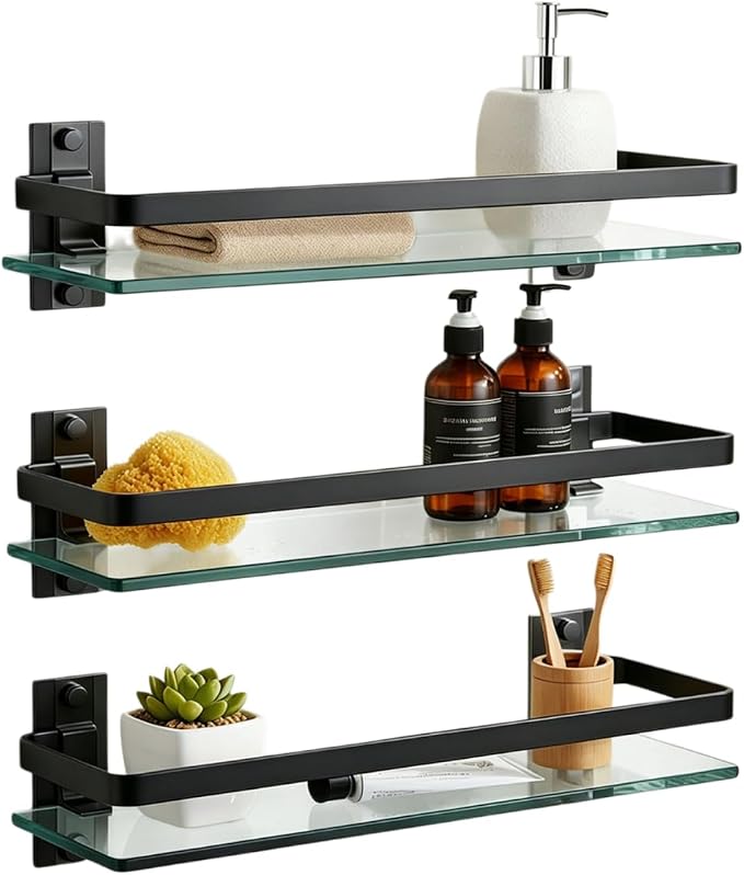 AIJALY 3 Pack Bathroom Glass Shelf,Aluminum Tempered Glass 0.3in Extra Thick Rectangular 1 Tier Storage Organizer Wall Mount,Black 15.7in by AIJALY