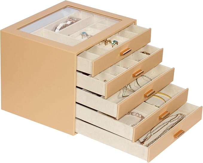 Jewelry Box with Glass Lid, 5-Layer Jewelry Organizer for Women Girls, PU Leather Display Case with 20-Grid Earring Tray & Movable Dividers for Necklaces Rings,Camel - Image 7