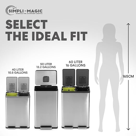 SIMPLI-MAGIC 50 Liter / 13.2 Gallon Soft-Close, Smudge Resistant Trash Can with Foot Pedal and Built in Filter- Stainless Steel, Sleek Finish - Image 4