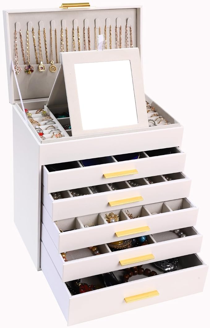 BOOVO Jewelry Boxes for Women, White and Black 6 Layer Large Jewelry Box for Necklace, Bracelet, Earrings, Rings Storage, Jewelry holder Organizer for Girls Gift (White and Gold, 6 layer) by BOOVO