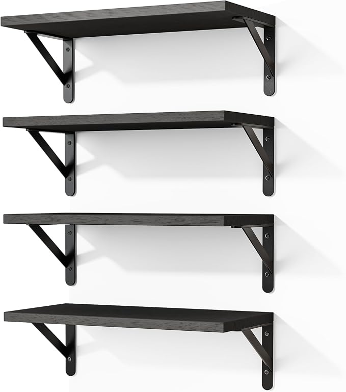 Fixwal Floating Shelves for Wall, Wood Wall Mounted Shelves for Bedroom, Bathroom, Living Room, Kitchen Storage and Decor(Black, Set of 4, 16.5 Inch) by Fixwal