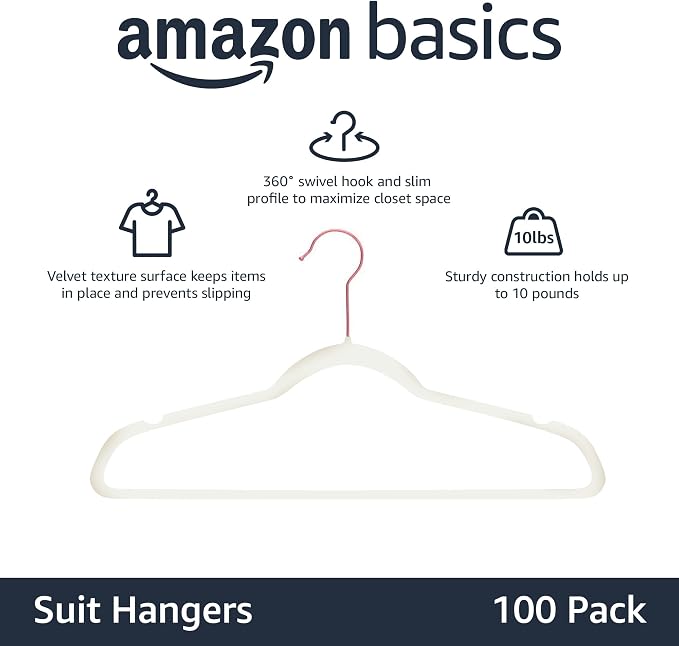 Amazon Basics Slim Velvet Non-Slip Space Saving Suit Clothes Hangers for Closet Organization, Ivory/Rose Gold, 100-Pack - Image 2