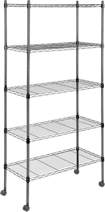 Simple Deluxe 5-Tier Storage Shelving Units, 24.02" W x 13.78" D x 59" H Wire Shelf with Wheels & Leveling Feet, Black by SimpleDeluxe