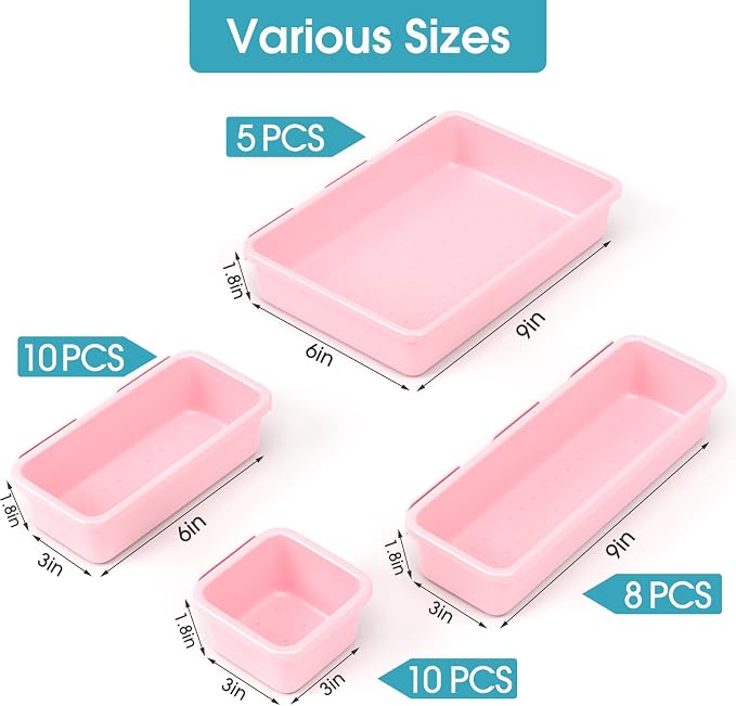 33 PCS Drawer Organizer Set, 4 Size Makeup Drawer Divider Organizer With Non-Slip Pads, Interlocking Plastic Storage Bins for Office,Jewelry Vanity,Gadgets, Bathroom,Kitchen, Pink - Image 2