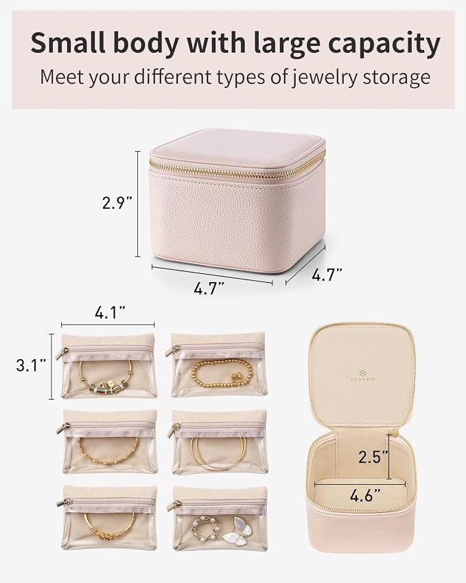 Vlando Travel Jewelry Case,Jewelry Organizer with 6 zipper velvet Jewelry bags for Women Girl,Wedding Birthday Gift Ideas for Women Earrings Rings Storage Gift Box Packaging Pink - Image 3