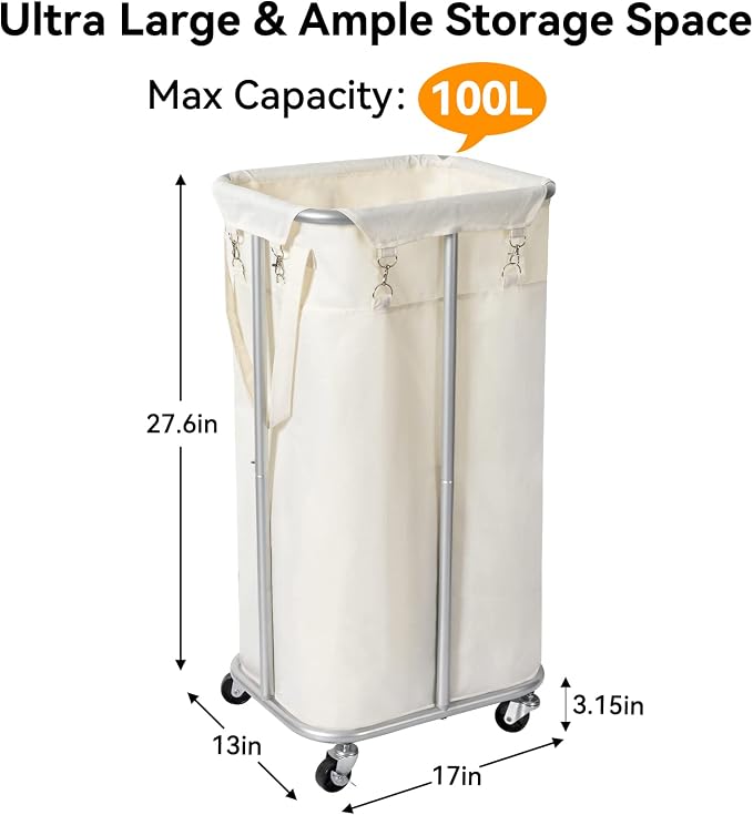 WOWLIVE 100L Rolling Laundry Hamper with Wheels Large Basket Organizer Laundry Cart with Steel Frame and Removable Bag Foldable Tall Dirty Clothes Hamper Dorm Room Storage for Bedroom (Light Beige) - Image 4