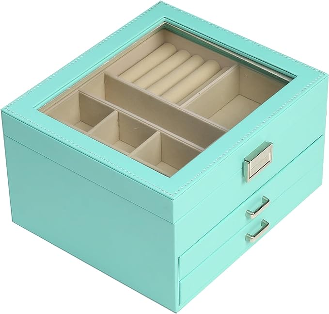 BOOVO Clear Lid Jewelry Box,3 Layers Jewelry Organizer Large Multi-Functional Jewelry Storage Box with 2 Drawers,Jewelry Display Case of Rings Earrings Necklace Bracelets for Women Girls (Turquoise) by BOOVO