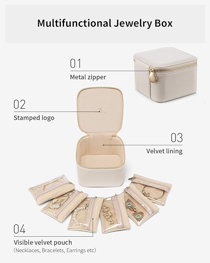 VLANDO Jewelry Travel Case,Valentines Gift,Travel Jewelry Organizer with Clear Velvet Jewelry Bags 6Pcs Zipper Pouch for Women Girl Birthday Gift-White - Image 5