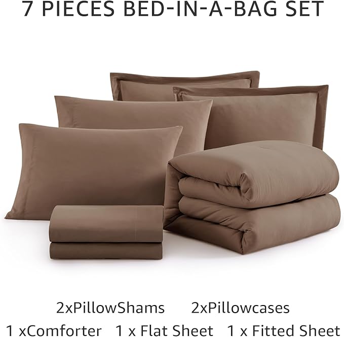 WRENSONGE Queen Size Comforter Sets, 7 Pieces Soft Brown Bed in a Bag with Fitted Sheet, Flat Sheet, 2 Pillow Shams, and 2 Pillowcases- Warm Bedding Sets for All Season