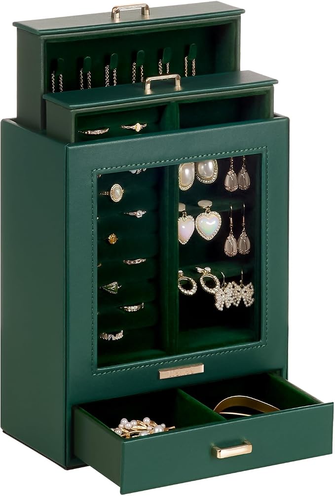 Homde Mothers Day Gifts Jewelry Organizer Girls Women Jewelry Box for Necklaces Rings Earrings Gift Bracelets Storage Case (Forest Green + Gold) by Homde