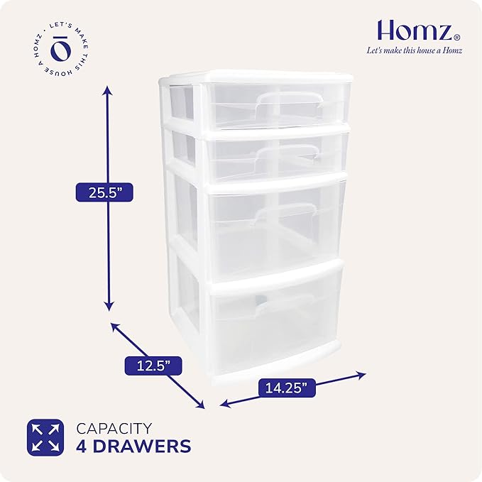 HOMZ Drawer Tower, 4-Tier Clear Plastic Storage Organizer Cart, White Frame – Rolling Containers with Wheels for Bathroom, Bedroom, Office, and Classroom Organization - Image 3