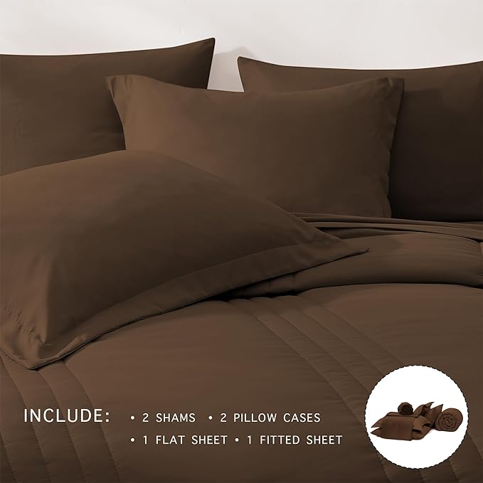 Monbix King Comforter Set - 7 Pieces Chocolate Brown Bed in a Bag King Size Bedding Sets with Comforters, All Seasons Comforter with Sheets, Pillowcases & Shams