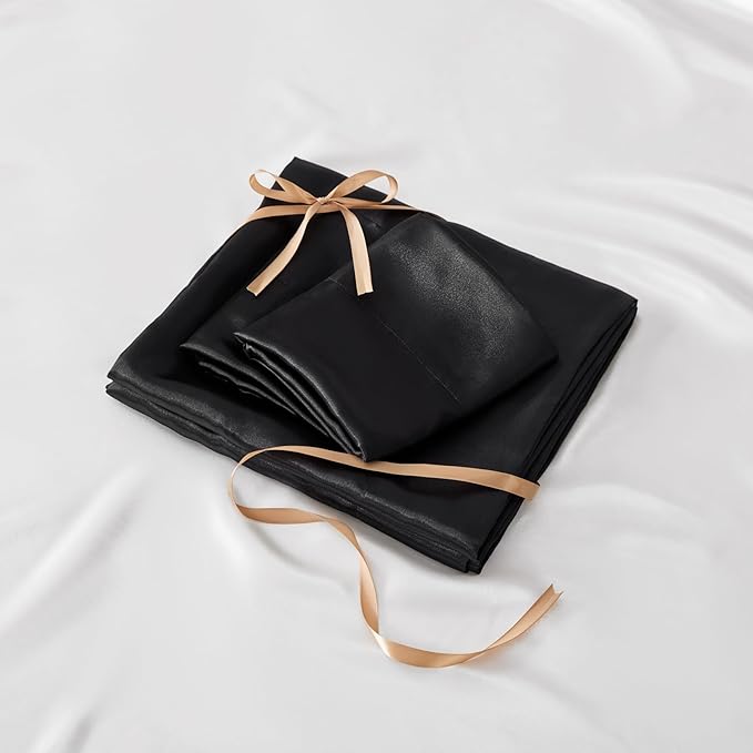 BEDELITE Satin Sheets Twin Size Bed Set, Luxury Soft Black Silky Sheets for Hair and Skin, Similar to Silk Bed Sheets Set 3 Pieces with 1 Deep Pocket Fitted Sheet, 1 Flat Sheet, and 1 Pillowcase