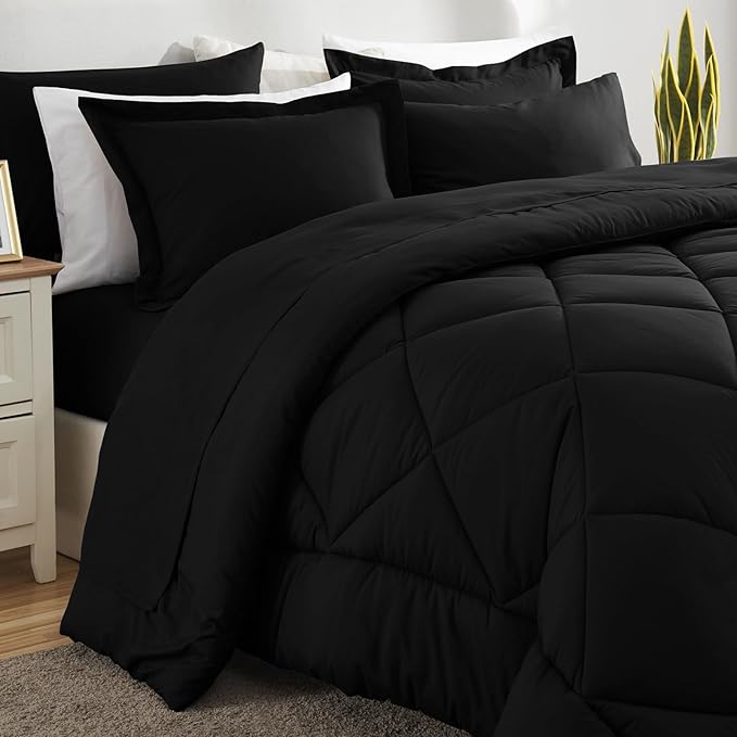 CozyLux King Size Comforter Set Black - 7 Pieces Bed in a Bag King, Luxury Soft Bed Set for All Seasons, Bedding Set with Down Alternative Comforter, Sheets, Pillowcases & Shams