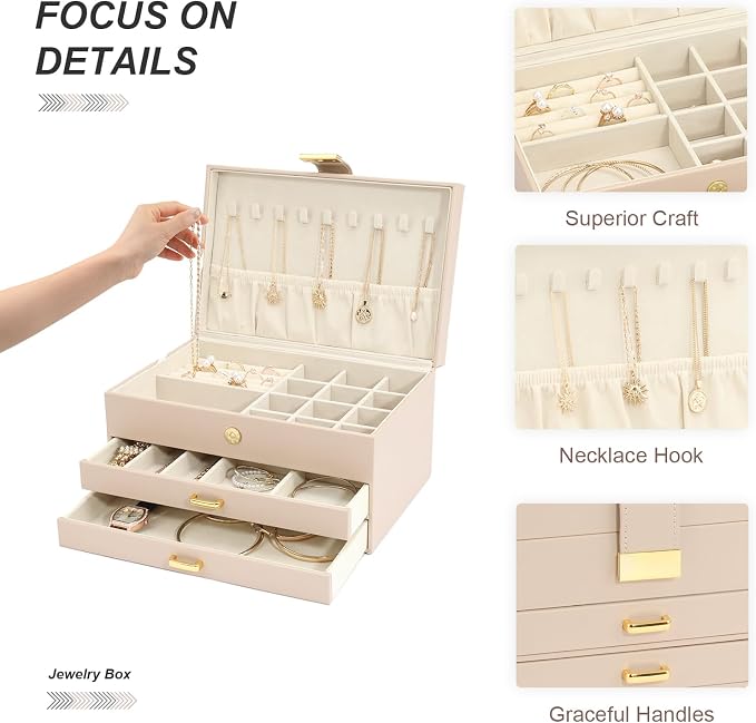 3-Layer Jewelry Box with 2 Drawers, Large Capacity Jewelry Holder Box for Women Girls, Best Gifts for Christmas Valentine's Day New Year.(Apricot) - Image 2