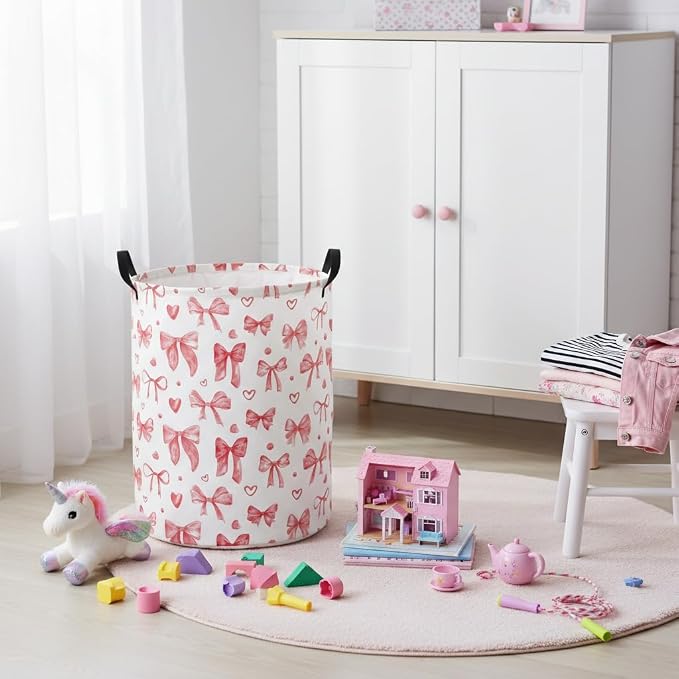Baby Laundry Basket Baby Nursery Hamper Kids Laundry Basket Toy Storage Bin for Boys Room Decor Gift Baskets for Bedroom Bathroom(Heart Bowknot) - Image 6