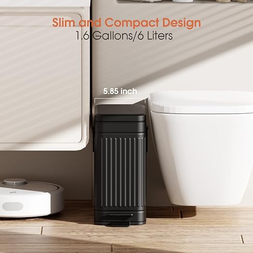 Small Bathroom Trash Can with Lid Soft Close, 6L / 1.6 Gallon Stainless Steel Small Garbage Can with Step Pedal, Slim Waste Basket for Bedroom, Toilet, Office - Black - Image 2