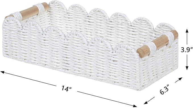 CubesLand Scalloped Edge Toilet Paper Storage Basket, Living Room Home Cozy Decor Basket, Paper Rope Small Baskets for Over Toilet Storage Shelf, End Table, Shelves, with 2 Wooden Handles, White - Image 6