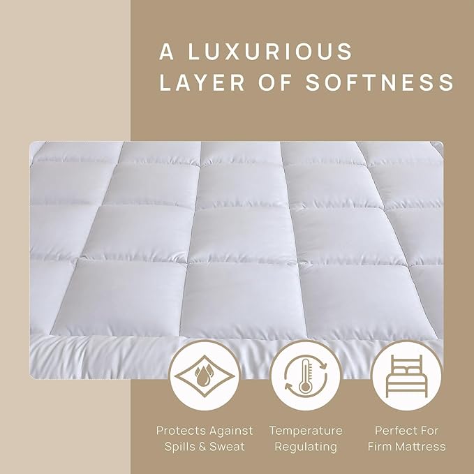 Quilted Fitted Mattress Pad, Elastic Fitted Mattress Topper Protector and Cover Stretches up to 14 Inches Deep, 4 Anchor Elastic Bands, Machine Washable (White, King)