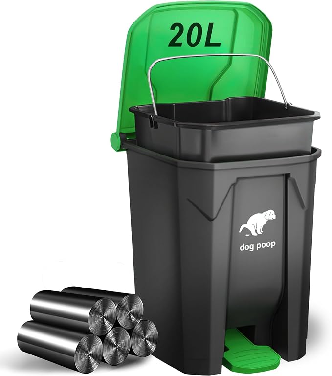 Dog Poop Trash Can Outside, 20L/5Gallon Dog Waste Trash Can with Lid, Pedal and Removable Inner Waste Bin, Pet Poop Bucket with 100 Bags, Green by UPPCASIR