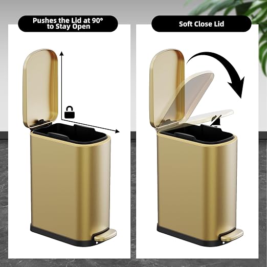 KSSKSS 2.6 Gallon Slim Bathroom Trash Can with Soft Close Foot Pedal, 10L Stainless Steel Garbage Can with Removable Liner Bucket, for Narrow Spaces, Bedroom, Gold - Image 3