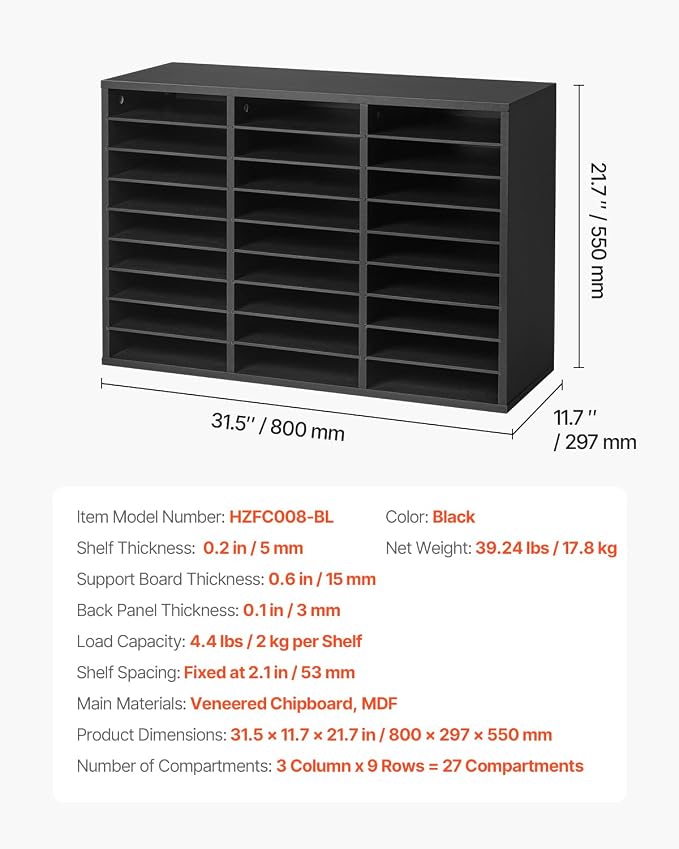 VEVOR Literature Organizer, 27 Compartments Office Mailbox with Removable Shelves, Wooden Mailbox Sorter Particle Board Office Home Classroom Storage, File Sorter for Files, Documents, Papers, Black - Image 3