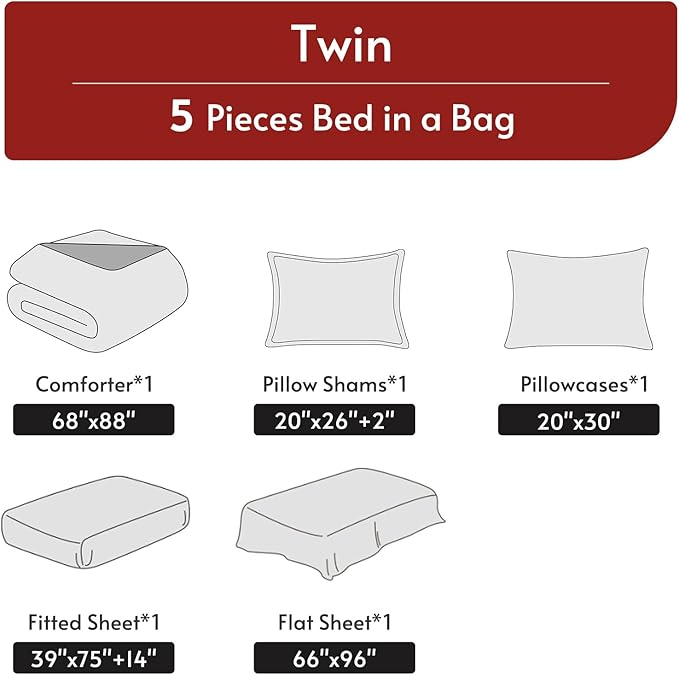 MUXHOMO 5 Pieces Twin Comforter Set, Reversible Bed in a Bag Twin Size, All Season Bedding Set with Comforter, Flat Sheet, Fitted Sheet, Pillowcases & Shams, Greyish Blue & Light Grey