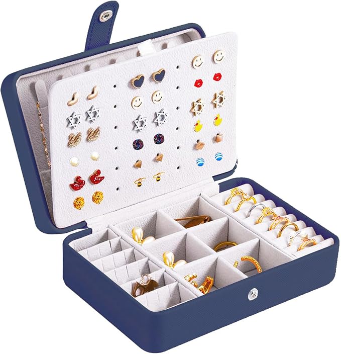 QBestry All-in-One Travel Jewelry Organizer for Women Navy | Small Jewelry Box with 68 Earring Holes | Compact Portable Jewelry Case for Earrings, Rings, Necklaces | Perfect Gifts for Mom Wife Girls by QBestry