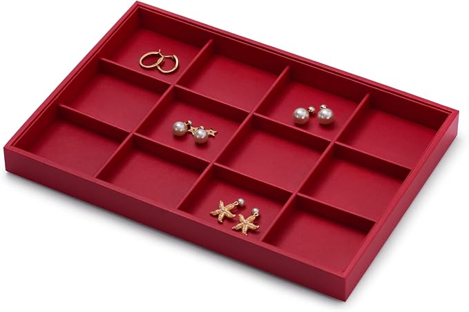 Oirlv Gorgeous Red Leather Jewelry Tray 12 Grid Jewelry Drawer Organizer Bracelet Earrings Watches Storage - Image 4