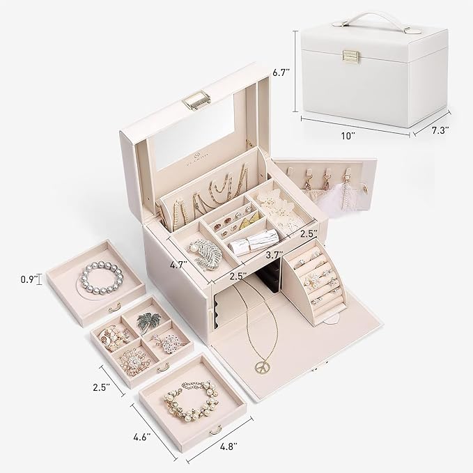 Vlando Mirrored Jewelry Box Organizer, Leather Jewelry Storage Case, Necklaces Earrings Rings Brackets Box Holder, Pearl White - Image 8