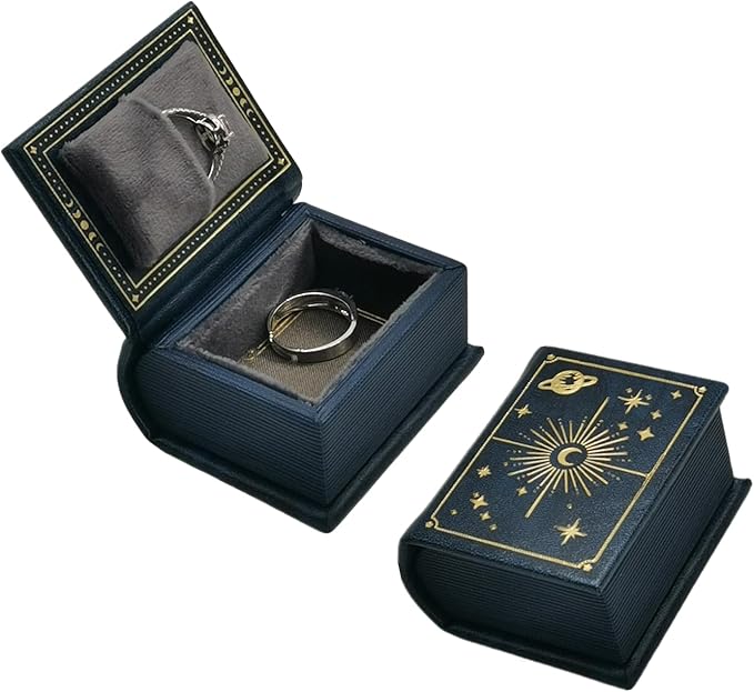 Book Shaped Ring Box - Vintage Engagement Ring Box with Hinged Lid for Proposal Engagement Wedding, Proposal Ring Case with Magnetic Closure-PRB011-Blue by ToLoveToLife