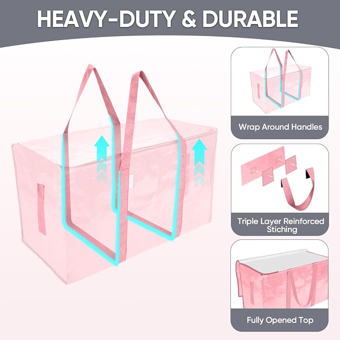 TICONN 6 Pack Extra Large Moving Bags Heavy Duty with Zippers & Carrying Handles, Durable Storage Bags Moving Boxes for Closet Organizers and Storage (6 Pack, Coral) - Image 3