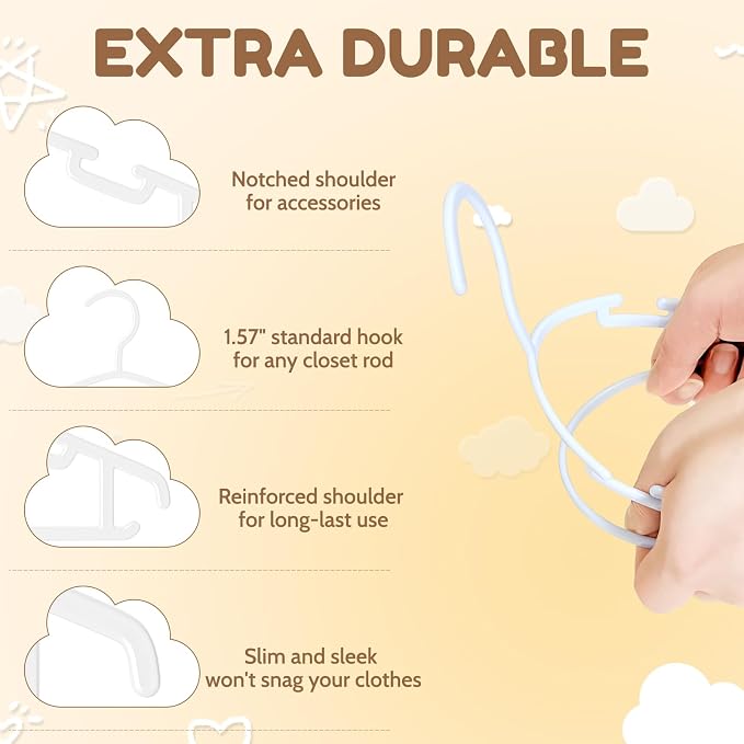 VILICK Kids Plastic Hangers, Baby Clothes Hangers for Closet 50 Packs Non-Slip Toddler Hangers for Infant Child Clothing, Small Children, for Pants Coats Skirts (White) - Image 3