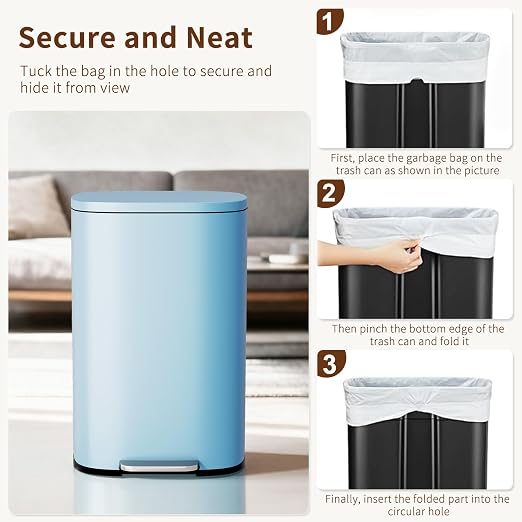 PayLessHere Stainless Steel Trash Can with Lid - Removable Inner Bucket, Foot Pedal Soft Close for Office, Home, Kitchen Garbage Bin (Blue, 13 G) - Image 6