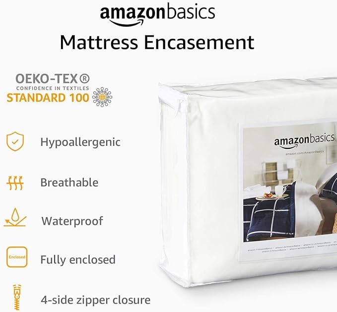 Amazon Basics Waterproof Mattress and Box Spring Protector, Zipper Enclosed Cover to Protect Against Liquid Spills, 12â€œ to 18" Depth, Queen, White