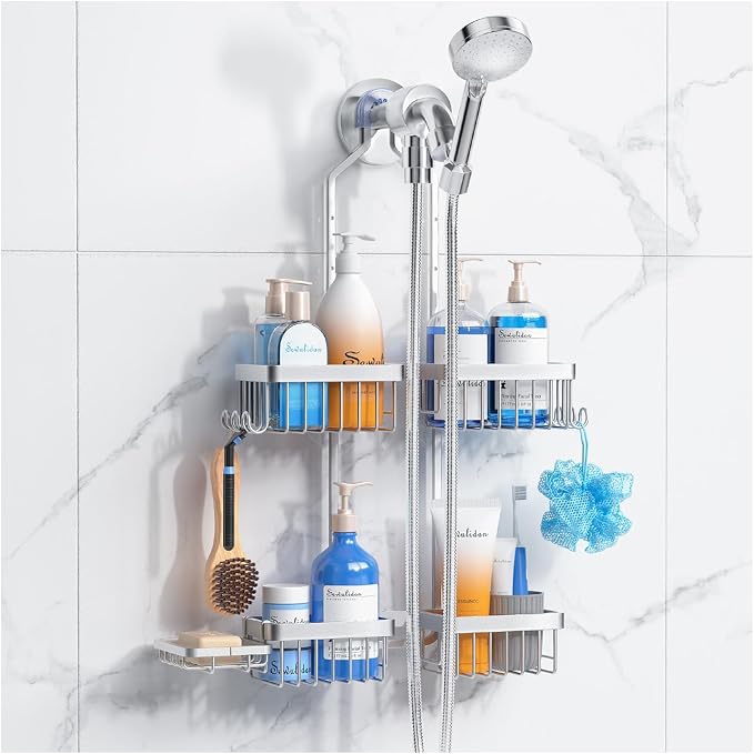 Sewulidon Aluminum Alloy Hanging Shower Caddy for Handheld Shower Heads,Rustproof Hose Shower Organizer 4 Levels Height Adjustable Shower Rack with Hooks,Razor Holder,Soap Holder by Home