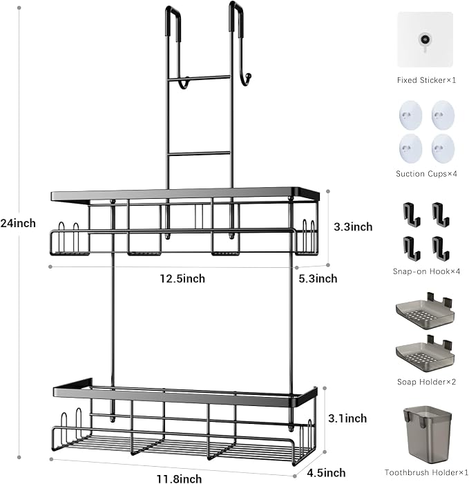 Aitatty Over the Door Shower Caddy Hanging: Black Rustproof Shower Organizer over the Door - No Drilling Bathroom Rack for Inside - Image 6