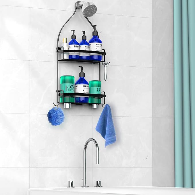Meangood Shower Caddy Over Shower Head, Black Anti-Swing Hanging Shower Caddy with 4 Remove Hooks for Razor, Sponge, Towels Rustproof Shower Organizer for Bathroom - Image 2
