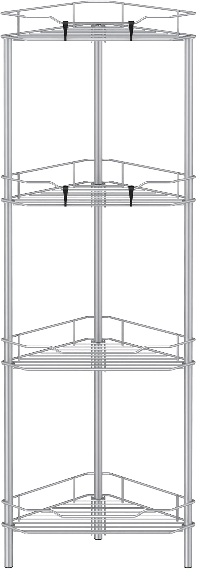 HuggieGems 4 Tier Floor Standing Corner Shower Caddy Organizer Shelf with Hooks, Bathroom Shelves Stand Rack, Silver by HuggieGems