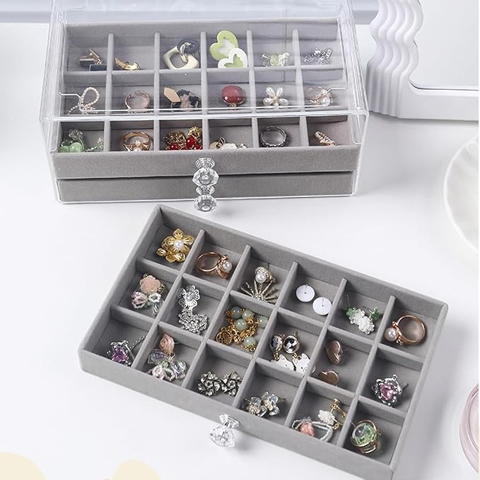 SPAKOWN Earring Box Holder Organizer Display Case, Clear Velvet Jewelry Storage Tray Organizer for Earring Ring Stud (Grey - 3 Drawers) - Image 2