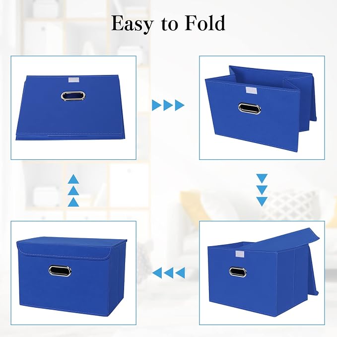 STOREONE Fabric Storage Cube Bins Foldable Organizer Container Collapsible Basket with Lids and Metal Handles, for Home, Bedroom, Closet 8 Pcs (Dark Blue) - Image 6