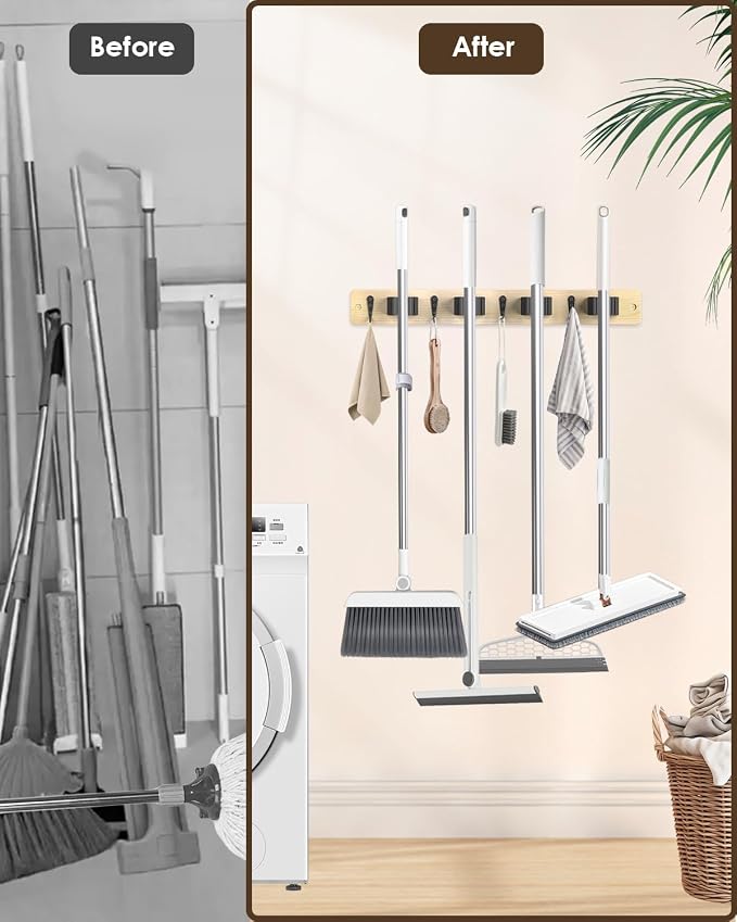 Broom Holder Wall Mounted, Light Wood 4 Holders and 4 Hooks Mop Holder, Wooden Mop and Broom Holder with Anti slip rubber, Natural pine wood Brush Holder, Mop Wall Holde with Nail installation - Image 2